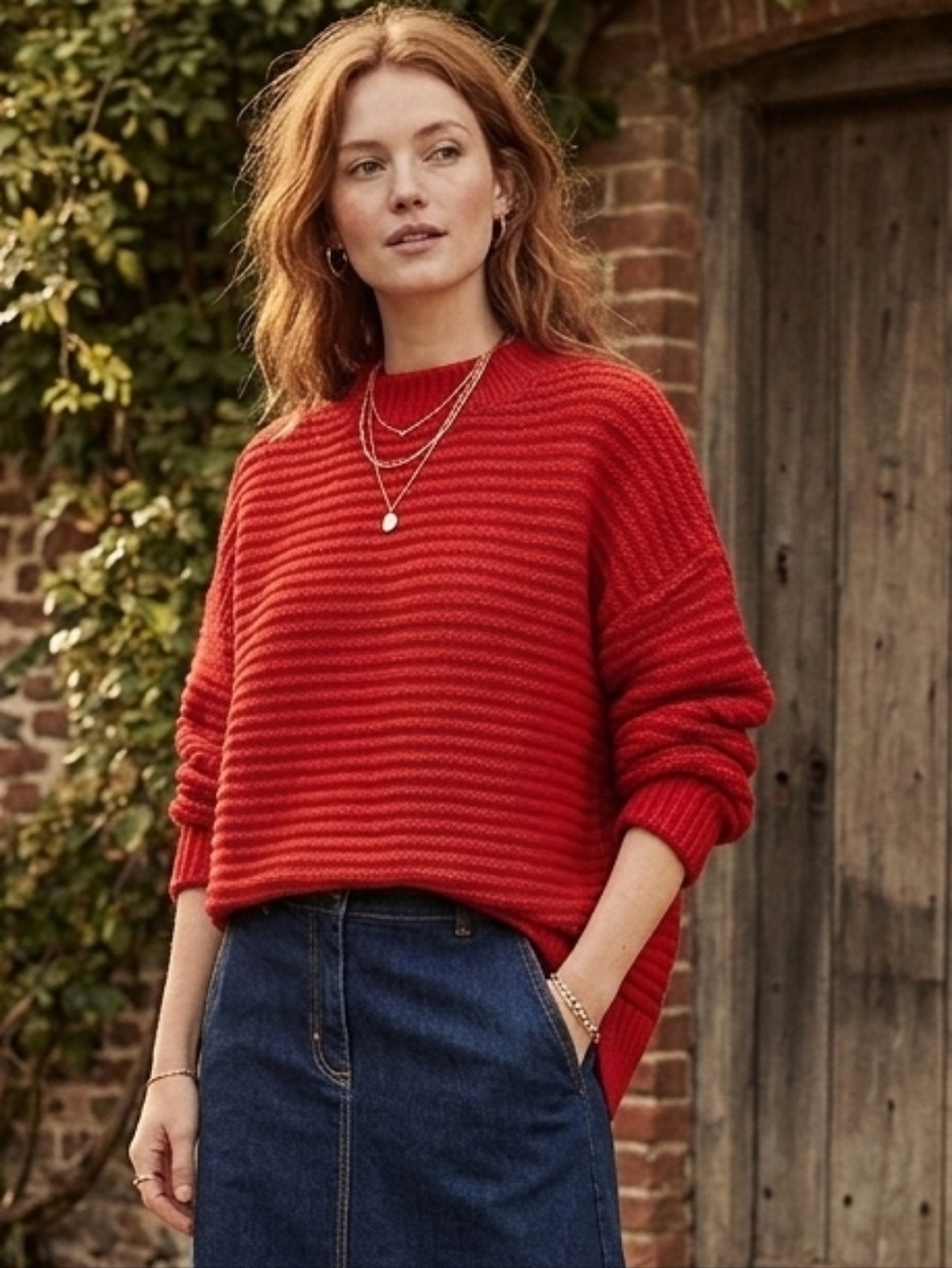 H&M Red Ribbed Crewneck Sweater